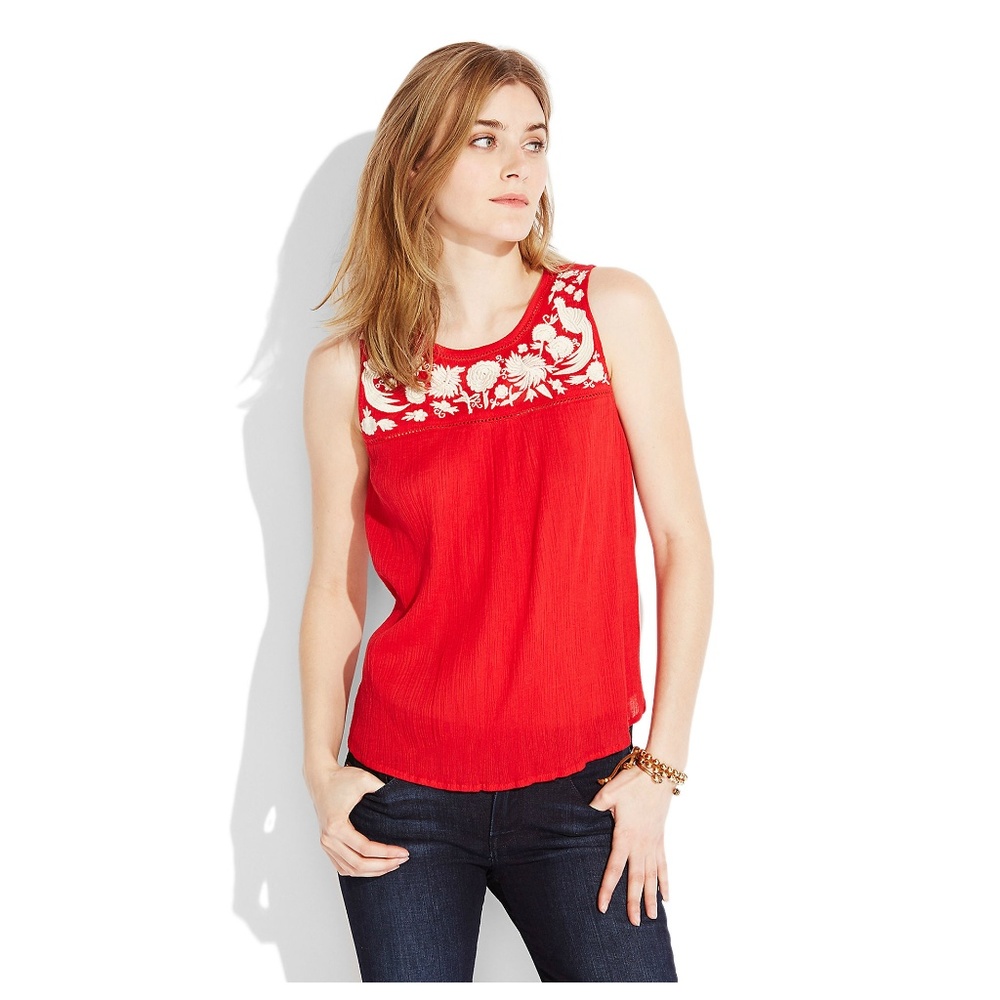 Lucky Brand Red Embroidered Peacock Tank Size M